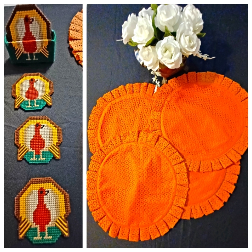 Bohemian THANKSGIVING STOREHOUSE PLACEMATS (4) ORANGE LACE 15" ROUND New